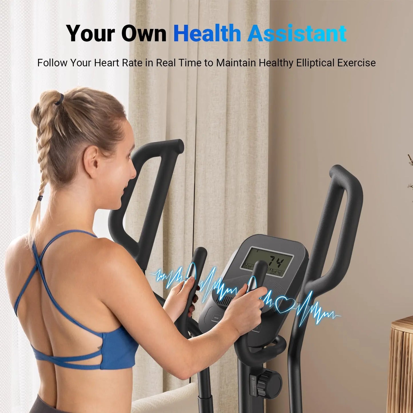 Magnetic Elliptical Machine with 18.5-Inch Stride | 8 Resistance Levels, LCD Monitor, Heart Rate Sensors, 400 lb Capacity & Self-Powered Design