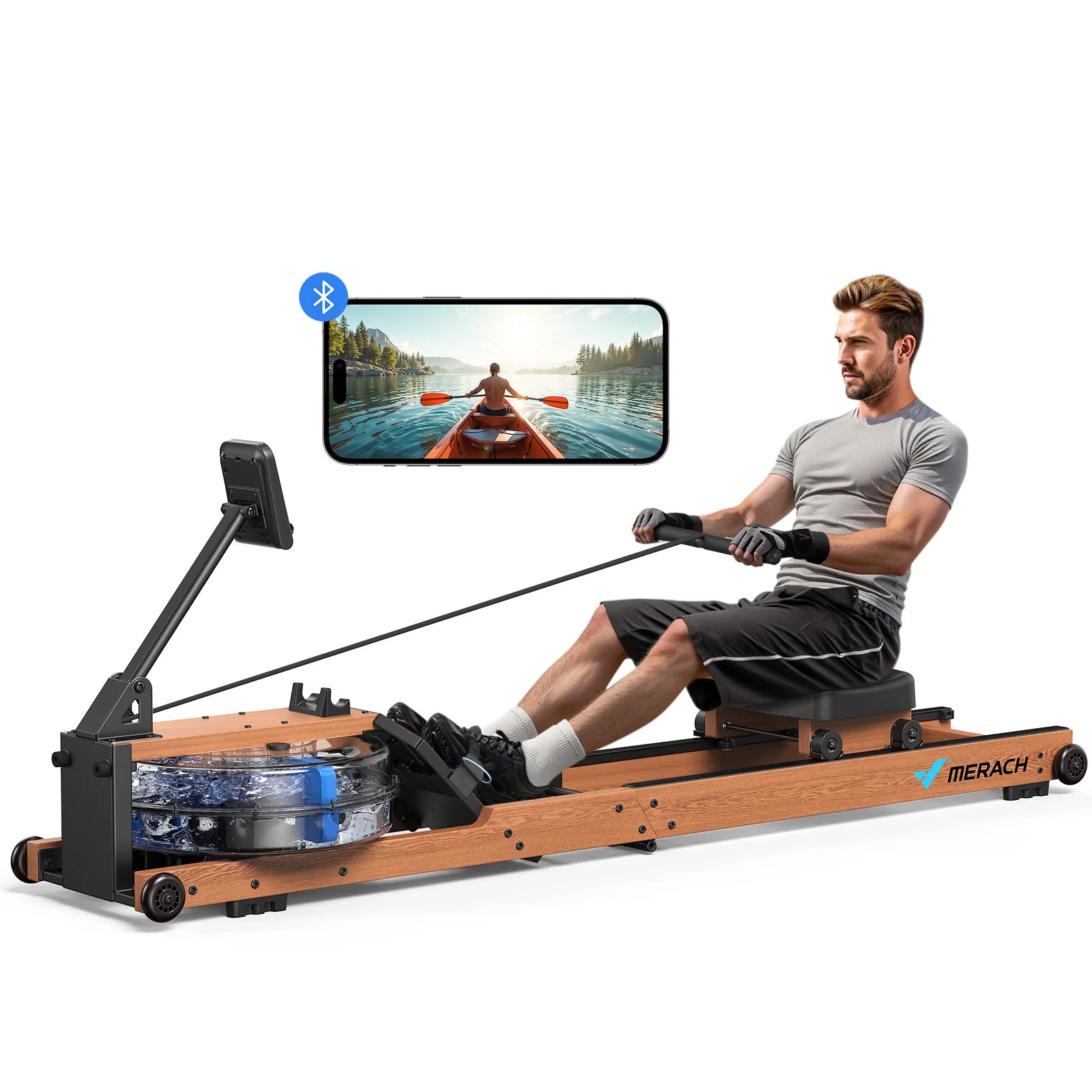 Foldable Solid Wood Water Rowing Machine | Natural Resistance, Bluetooth App, Workout Monitor, 400 lb Capacity & Upright Storage