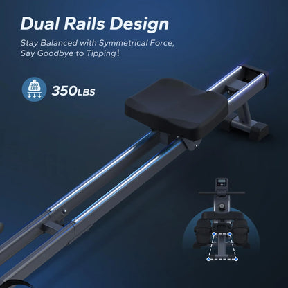 Magnetic Rowing Machine | Silent Dual-Rail Rower with App Tracking, Upright Storage & 350 LB Capacity | Compact Home Gym Full-Body Workout