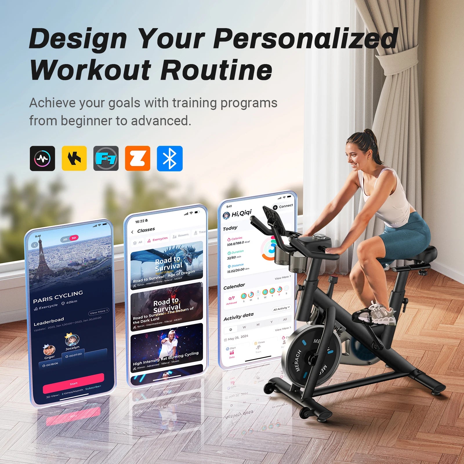 Smart Indoor Cycling Bike with 15 lb Flywheel | Quiet Belt Drive, Bluetooth App Sync, LED Monitor & 300 lb Capacity