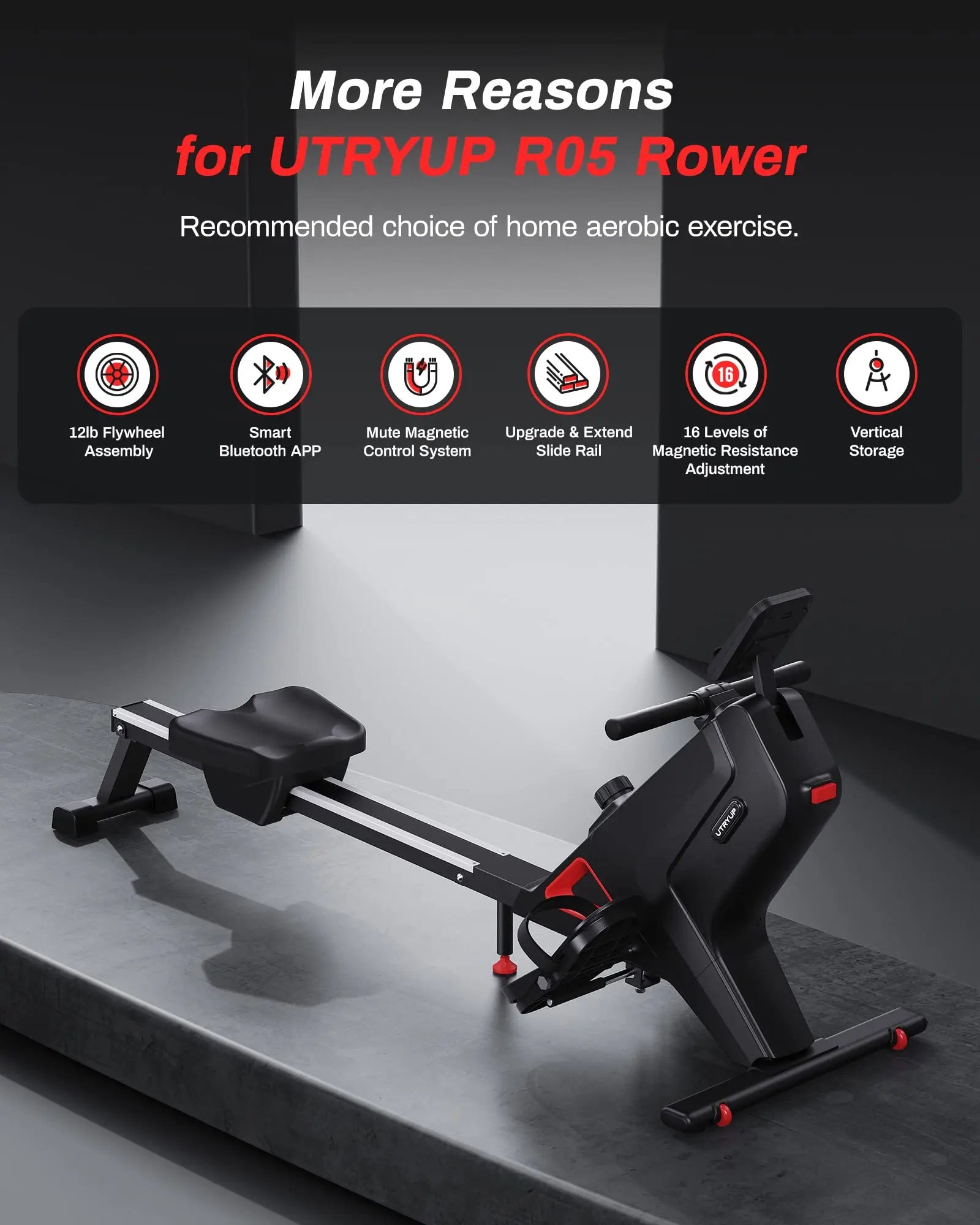 Foldable Magnetic Rowing Machine with 16 Resistance Levels | 12 lb Flywheel, Bluetooth LCD, 350 lb Capacity & Upright Storage