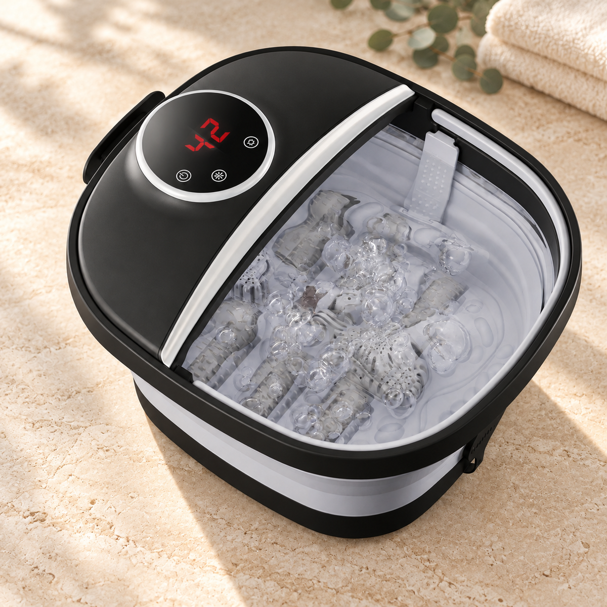 Collapsible Heated Foot Spa Bath with Bubbles, Manual Rollers and Timer Black