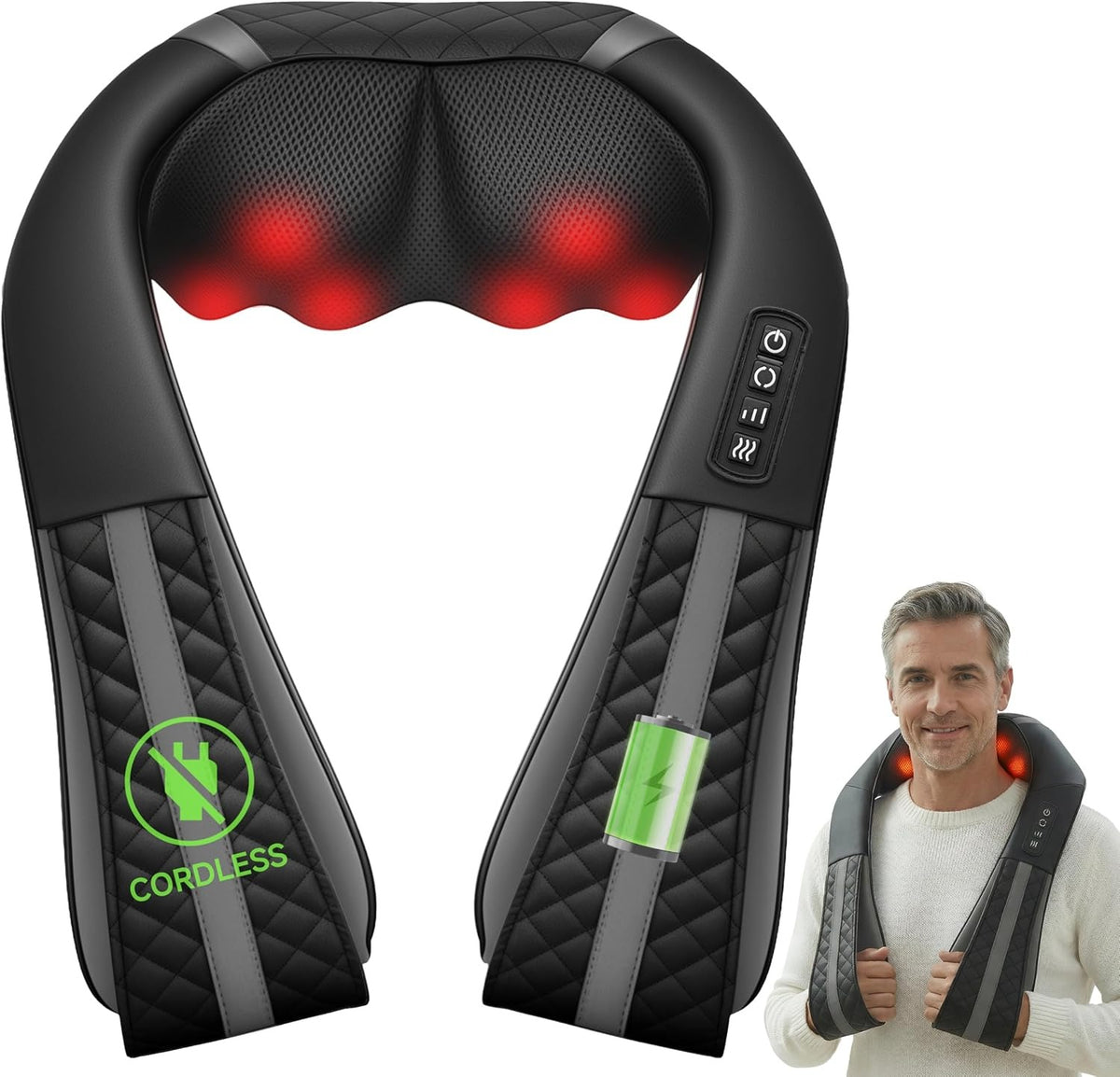 Cordless Neck and Shoulder Massager with Heat, 8 Shiatsu Kneading Nodes Grey