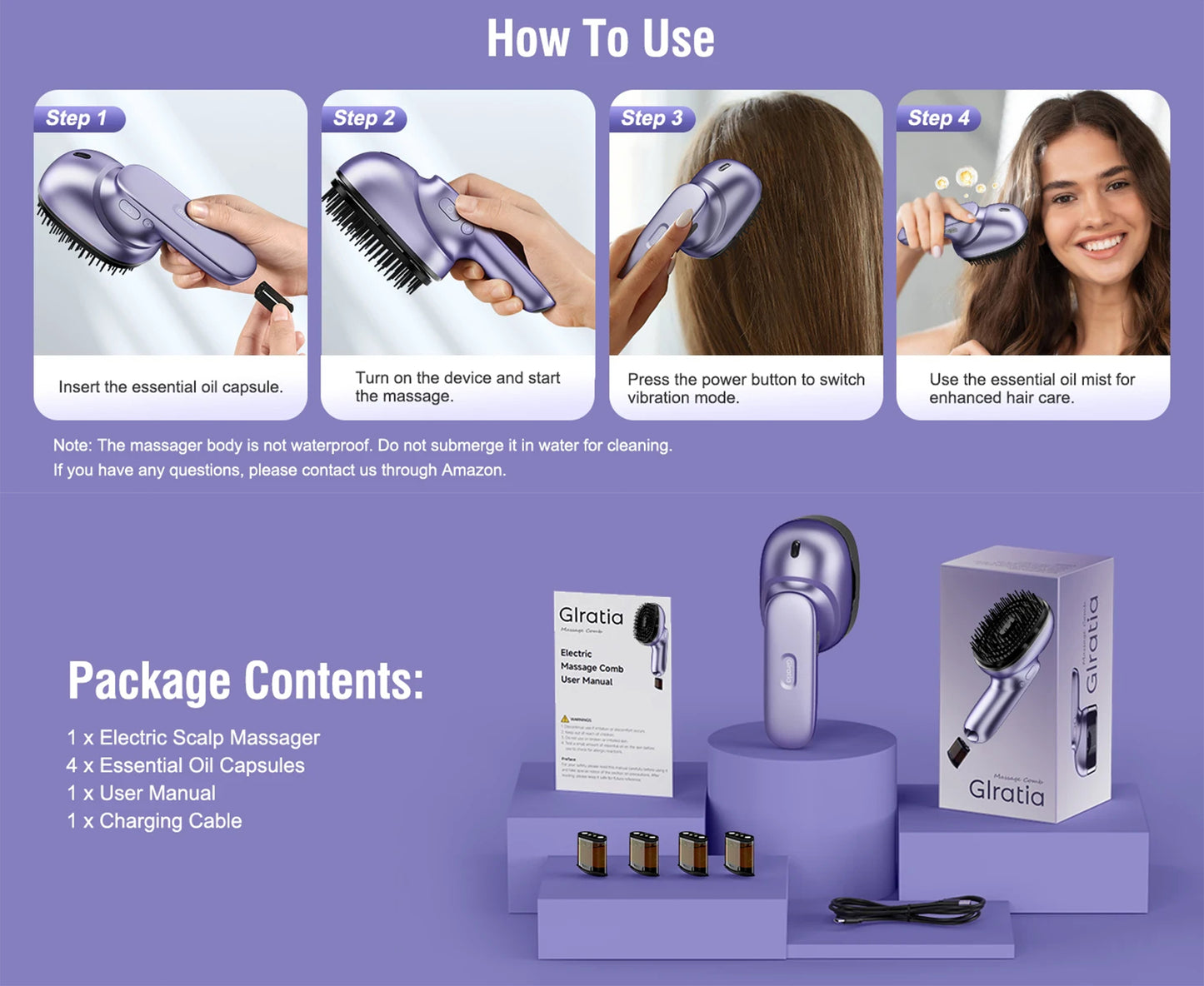 Electric Scalp Massager Brush with Essential Oil Atomizer | 2 Vibration Modes, 4 Oil Cartridges, USB Rechargeable & Washable Head