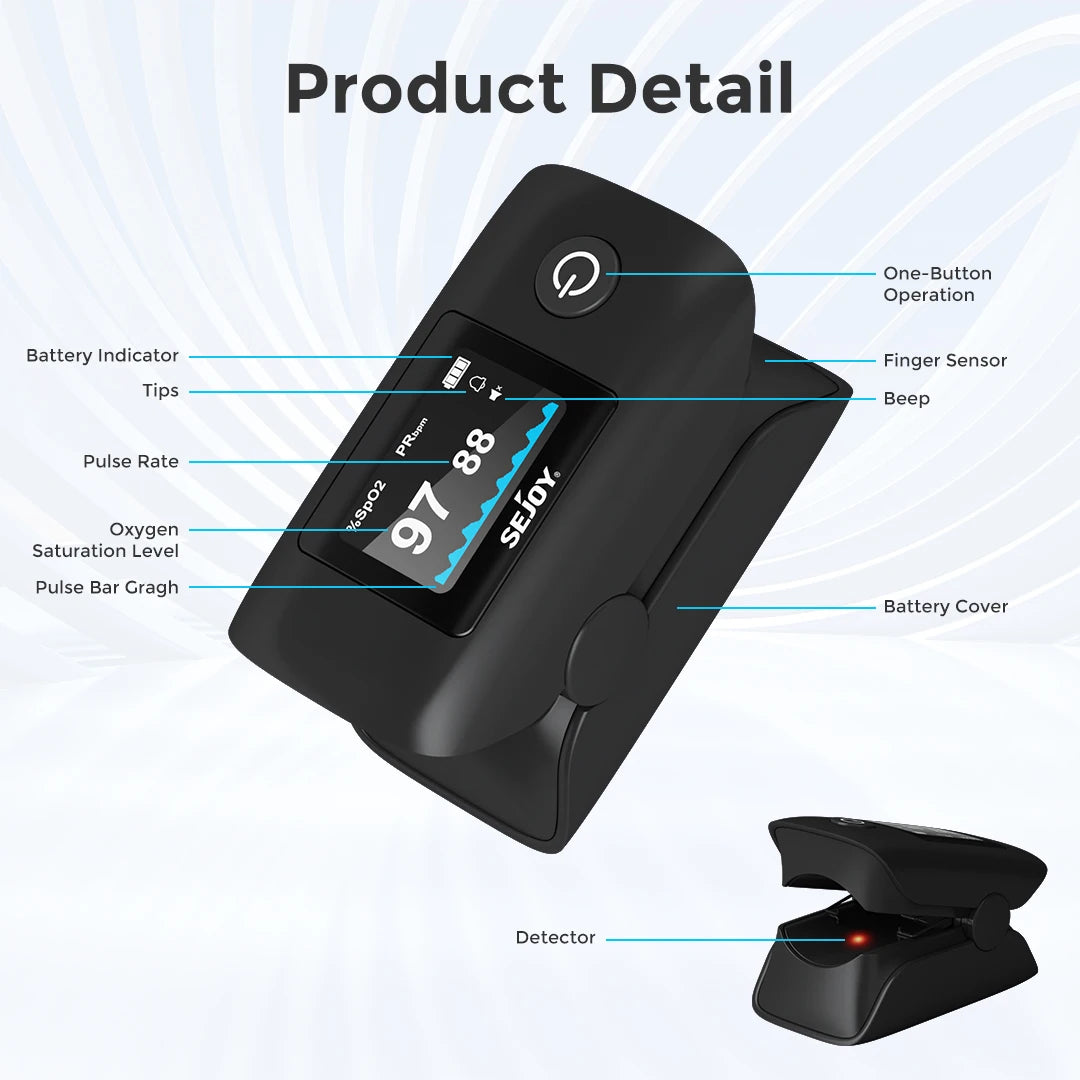 Fingertip Pulse Oximeter, Blood Oxygen and Pulse Rate, Rotating OLED Display