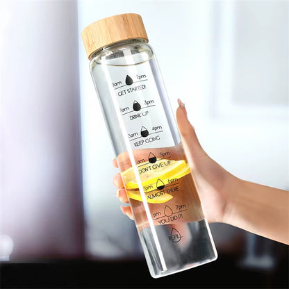 Glass Water Bottle with Time Markings | Borosilicate, Leakproof Bamboo Lid | Eco-Friendly, BPA-Free, Reusable Hydration Bottle 24oz / 32oz 32oz