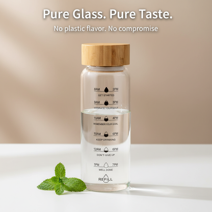 Glass Water Bottle with Time Markings | Borosilicate, Leakproof Bamboo Lid | Eco-Friendly, BPA-Free, Reusable Hydration Bottle 24oz / 32oz