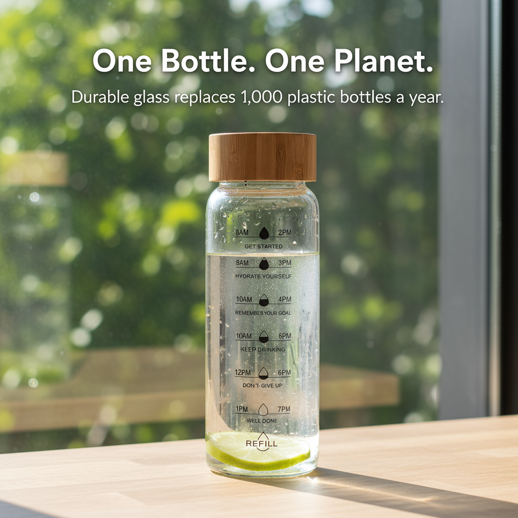 Glass Water Bottle with Time Markings | Borosilicate, Leakproof Bamboo Lid | Eco-Friendly, BPA-Free, Reusable Hydration Bottle 24oz / 32oz