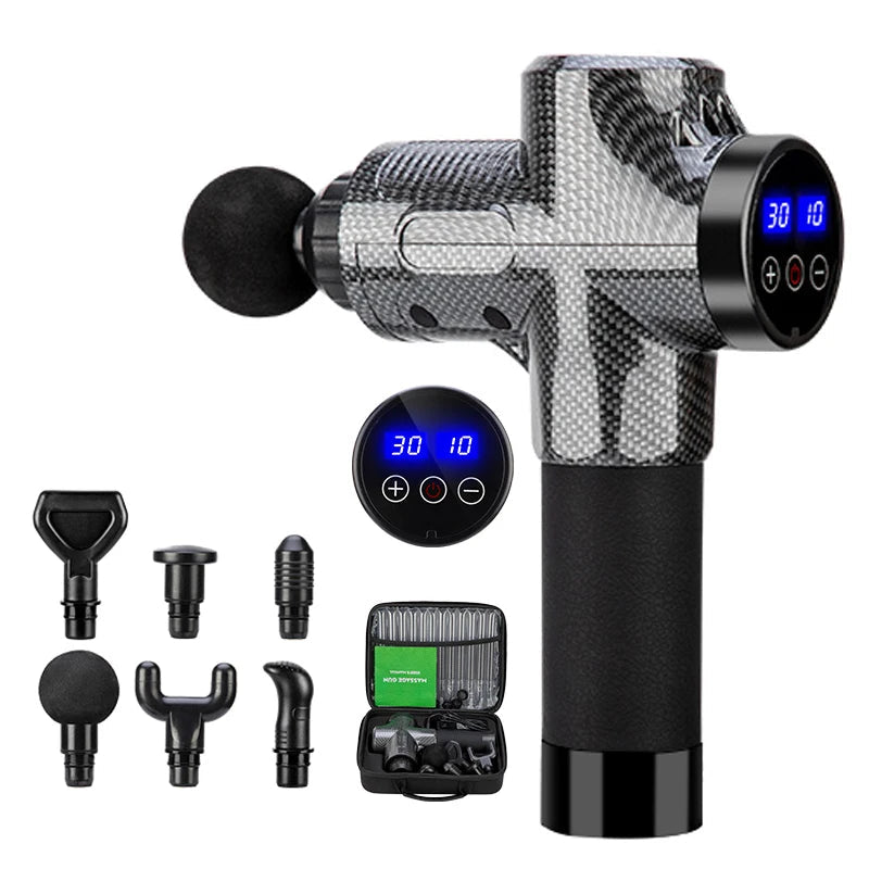 Deep Tissue Massage Gun | 30 Speeds, 6 Heads, Quiet Motor Carbon