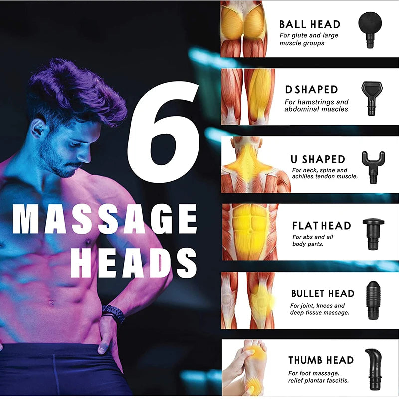 Deep Tissue Massage Gun | 30 Speeds, 6 Heads, Quiet Motor