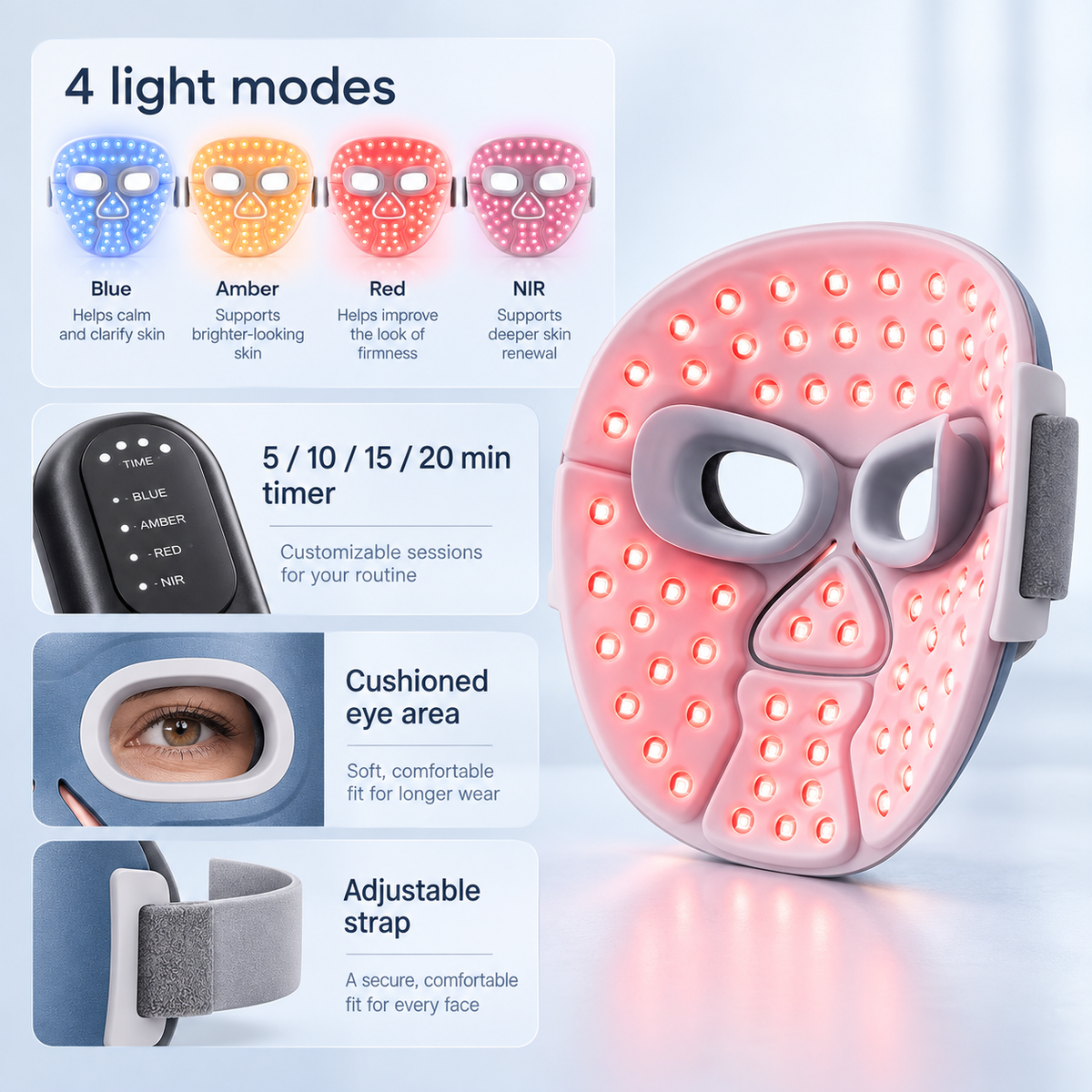 LED Light Therapy Face Mask with 4 Modes, Timer and Rechargeable Controller