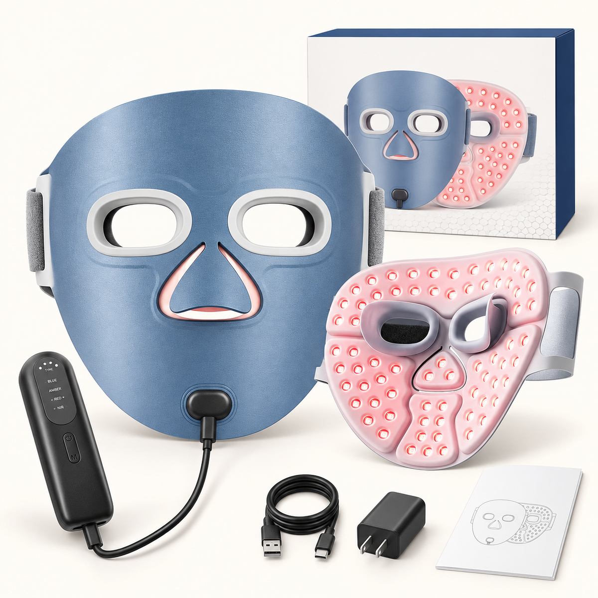 LED Light Therapy Face Mask with 4 Modes, Timer and Rechargeable Controller