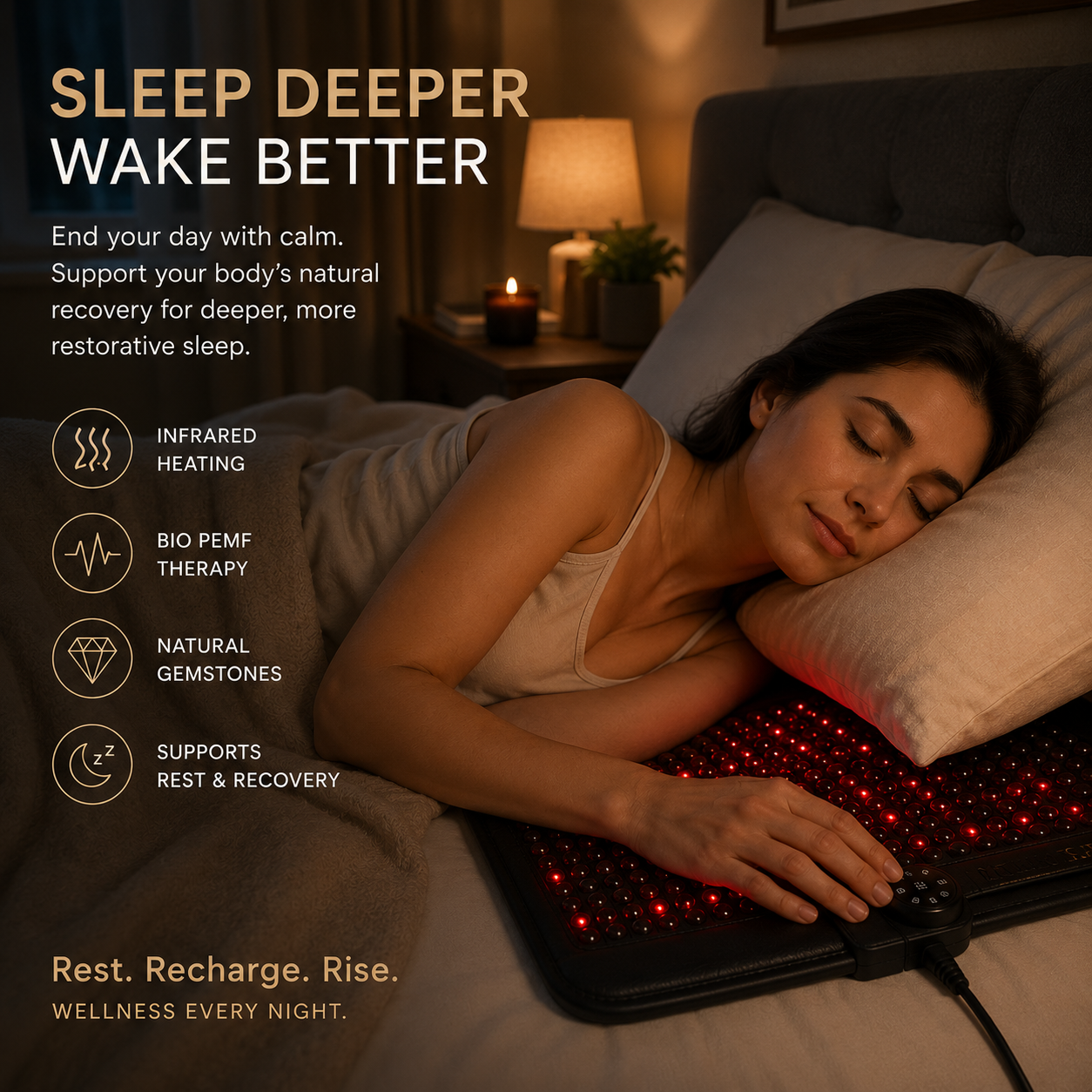 PEMF Red Light Infrared Heating Mat 19 x 34 in | 660nm LEDs, Amethyst, Tourmaline & Jade, 85–159°F