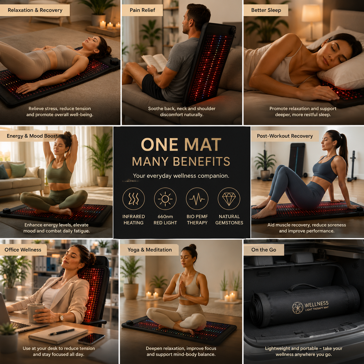 PEMF Red Light Infrared Heating Mat 19 x 34 in | 660nm LEDs, Amethyst, Tourmaline & Jade, 85–159°F