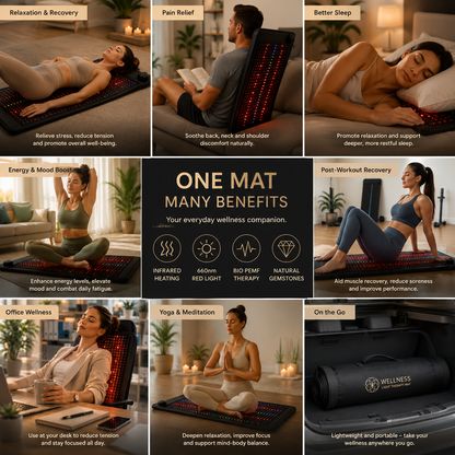 PEMF Red Light Infrared Heating Mat 19 x 34 in | 660nm LEDs, Amethyst, Tourmaline & Jade, 85–159°F