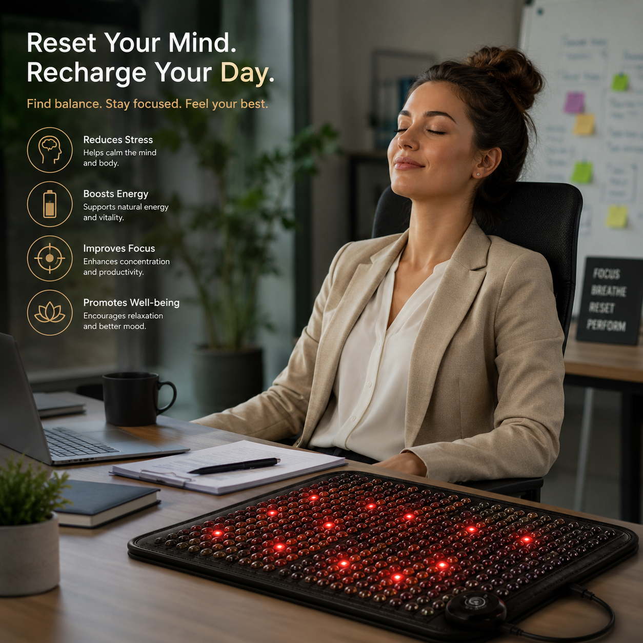 PEMF Red Light Infrared Heating Mat 19 x 34 in | 660nm LEDs, Amethyst, Tourmaline & Jade, 85–159°F