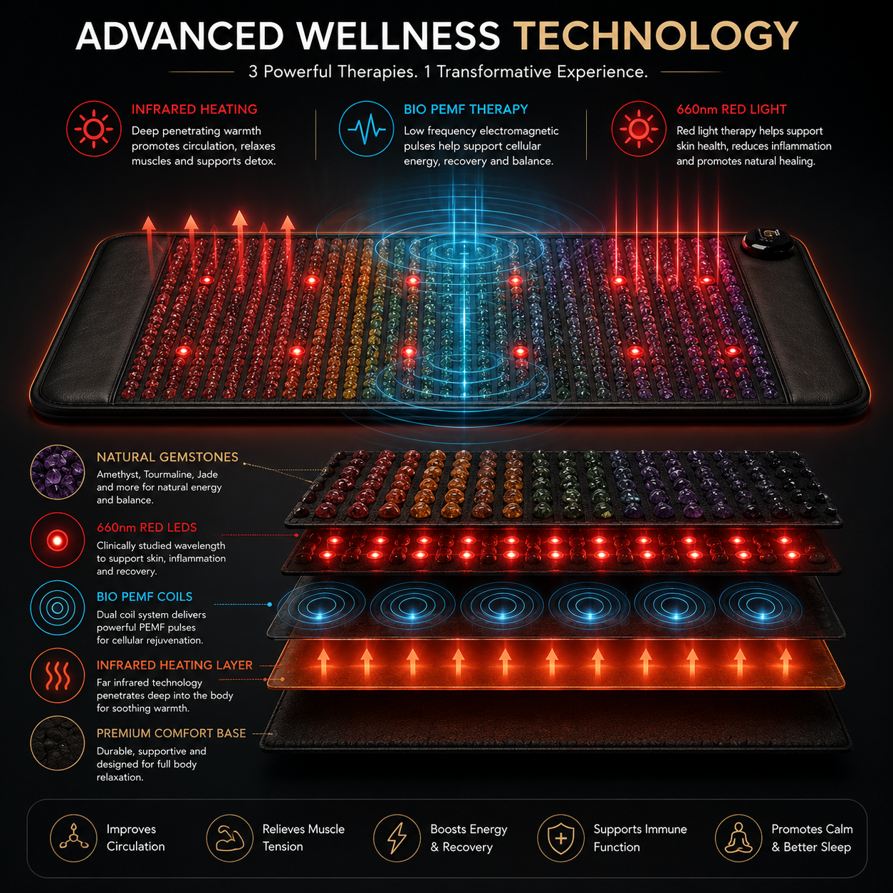 PEMF Red Light Infrared Heating Mat 19 x 34 in | 660nm LEDs, Amethyst, Tourmaline & Jade, 85–159°F