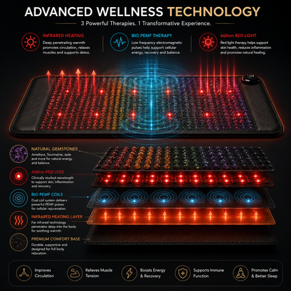 PEMF Red Light Infrared Heating Mat 19 x 34 in | 660nm LEDs, Amethyst, Tourmaline & Jade, 85–159°F