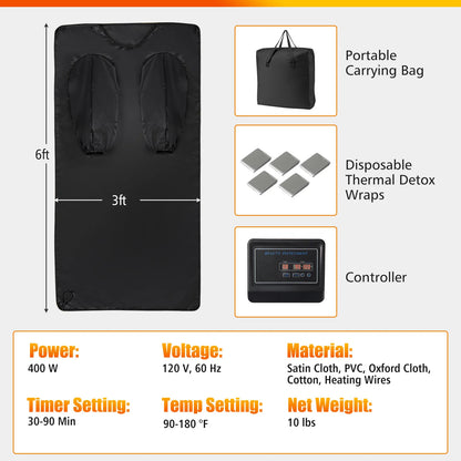 Portable Infrared Sauna Blanket 36 x 76 in | 6 Heat Levels, 86–176°F Range, 1–60 Minute Timer, Armholes & Foldable Waterproof Design