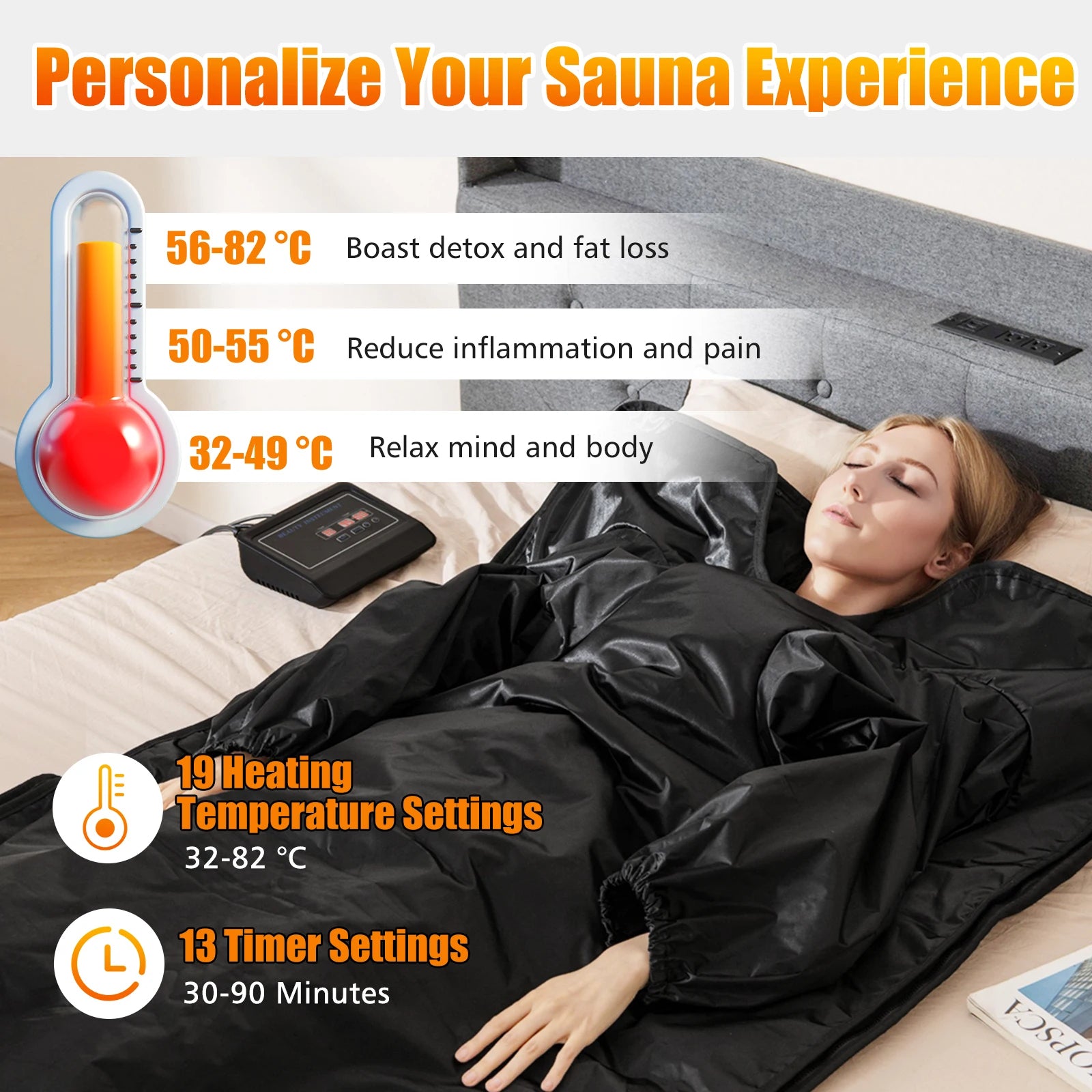 Portable Infrared Sauna Blanket 36 x 76 in | 6 Heat Levels, 86–176°F Range, 1–60 Minute Timer, Armholes & Foldable Waterproof Design