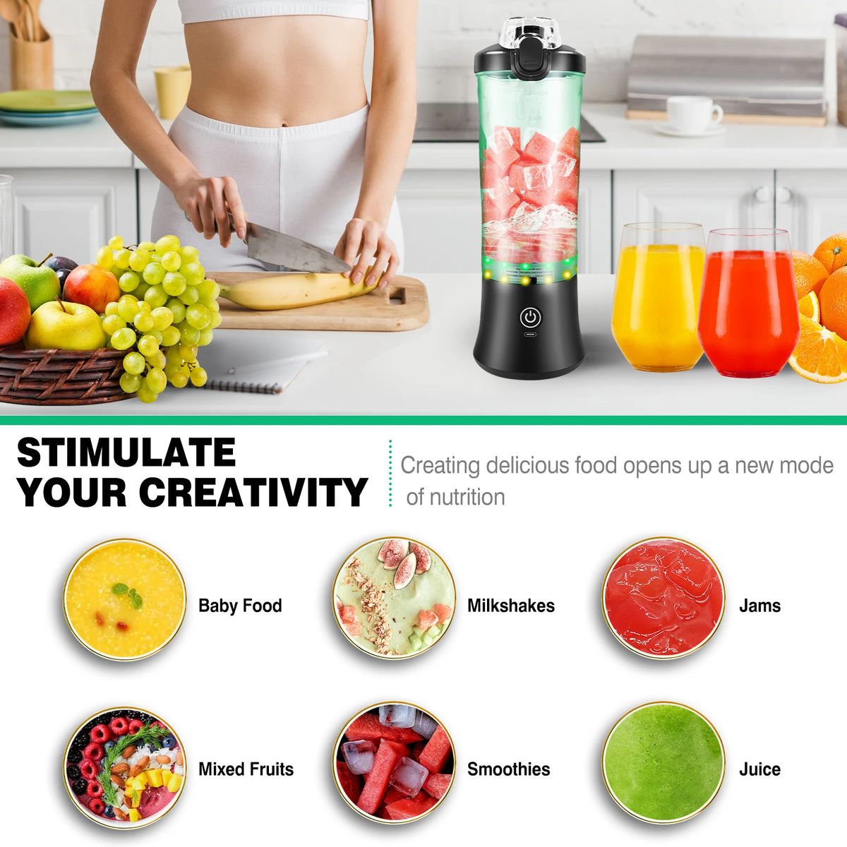 Portable Blender for Smoothies, 600 ml, USB-C Rechargeable, 6 Blades
