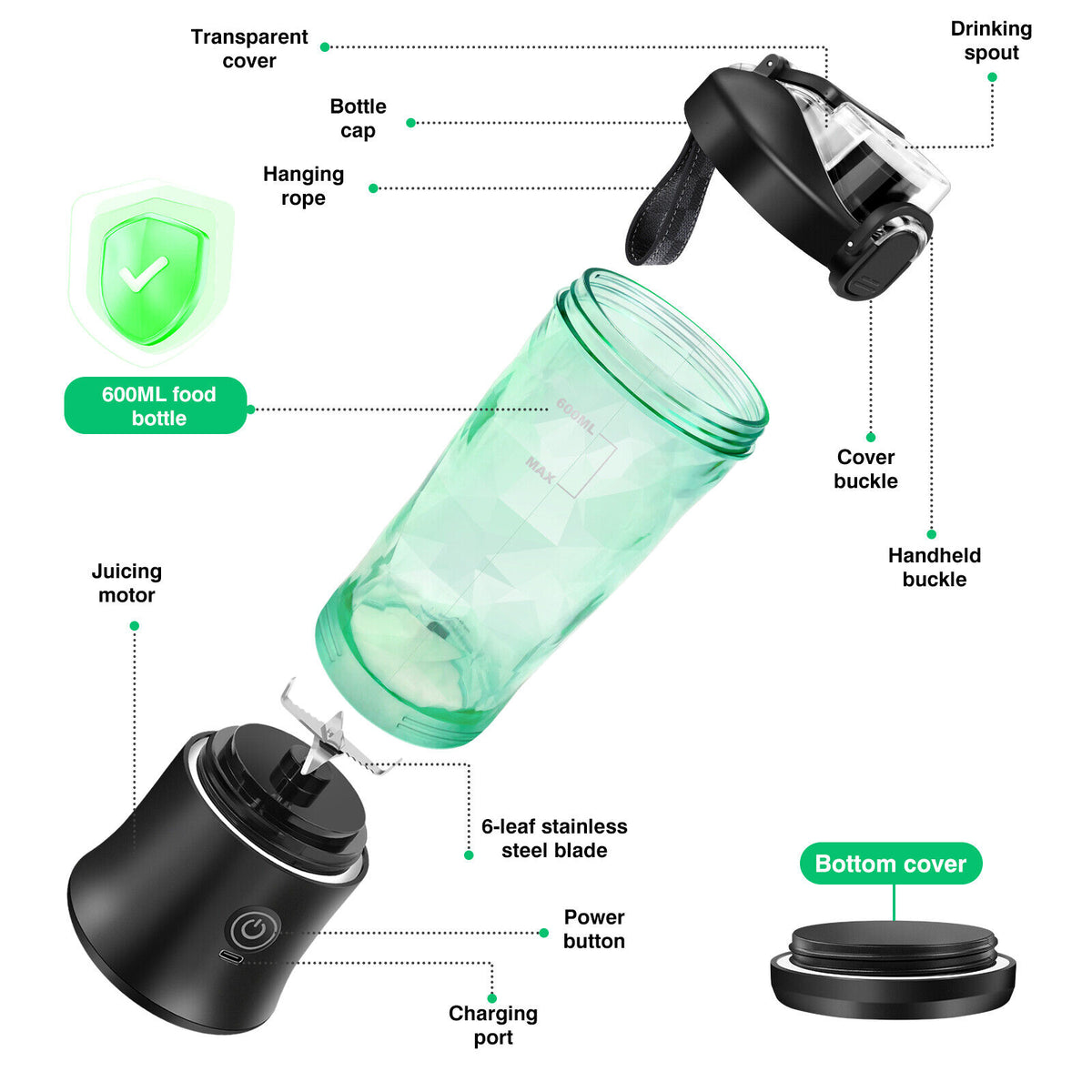 Portable Blender for Smoothies, 600 ml, USB-C Rechargeable, 6 Blades