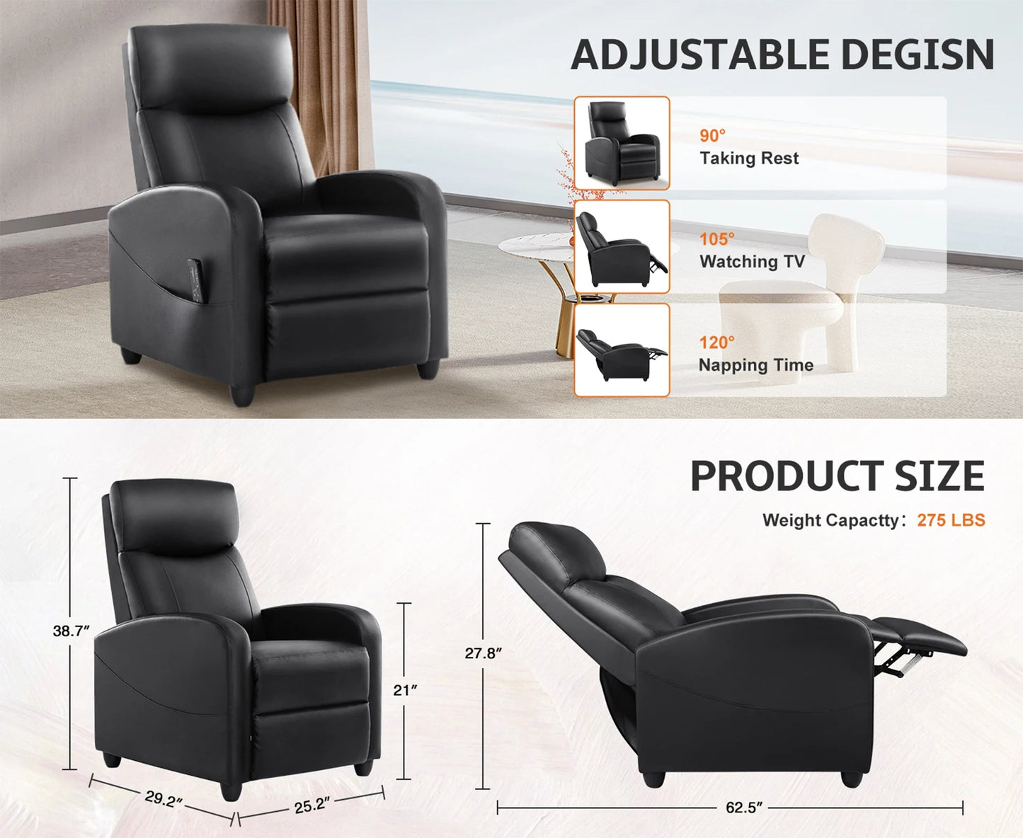 Massage Recliner Chair with 2-Point Lumbar Massage | 8 Modes, 3 Intensities, 90°–160° Recline, Footrest & 275 lb Capacity