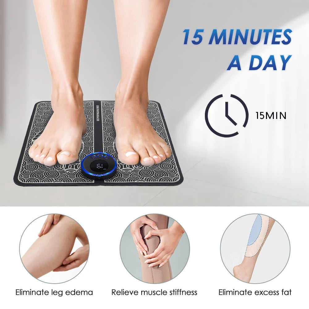 EMS Foot Massager Mat with Remote | USB-C Rechargeable Foot and Leg Stimulator with 8 Modes and 19 Intensity Levels