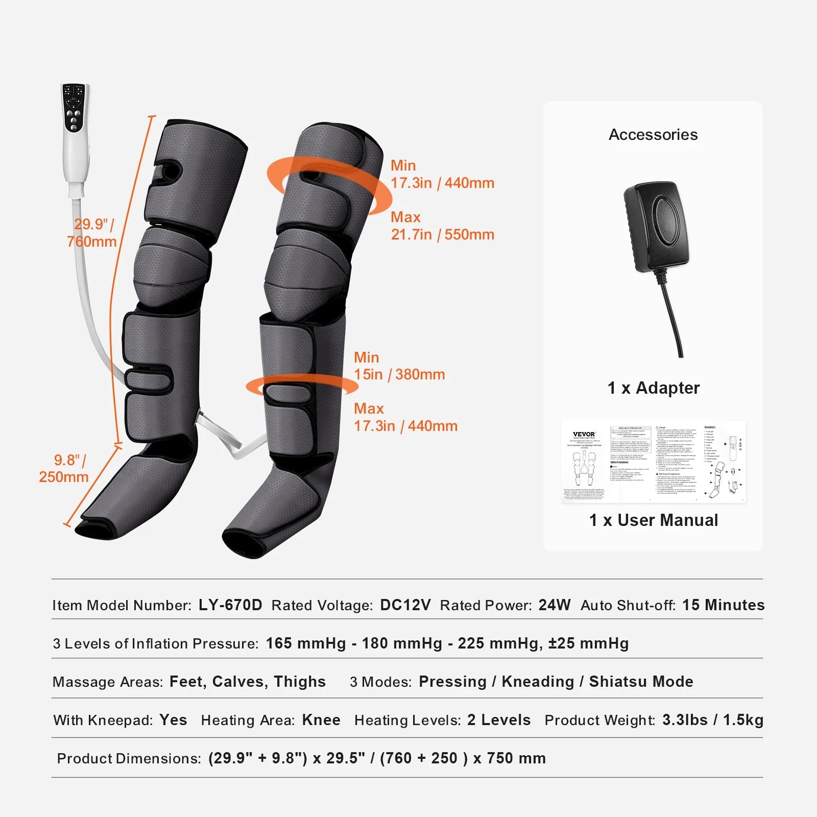 Leg Compression Massager with Heat | Full Foot, Calf & Thigh Air Compression Wraps with 3 Modes, 3 Intensities & Knee Heating