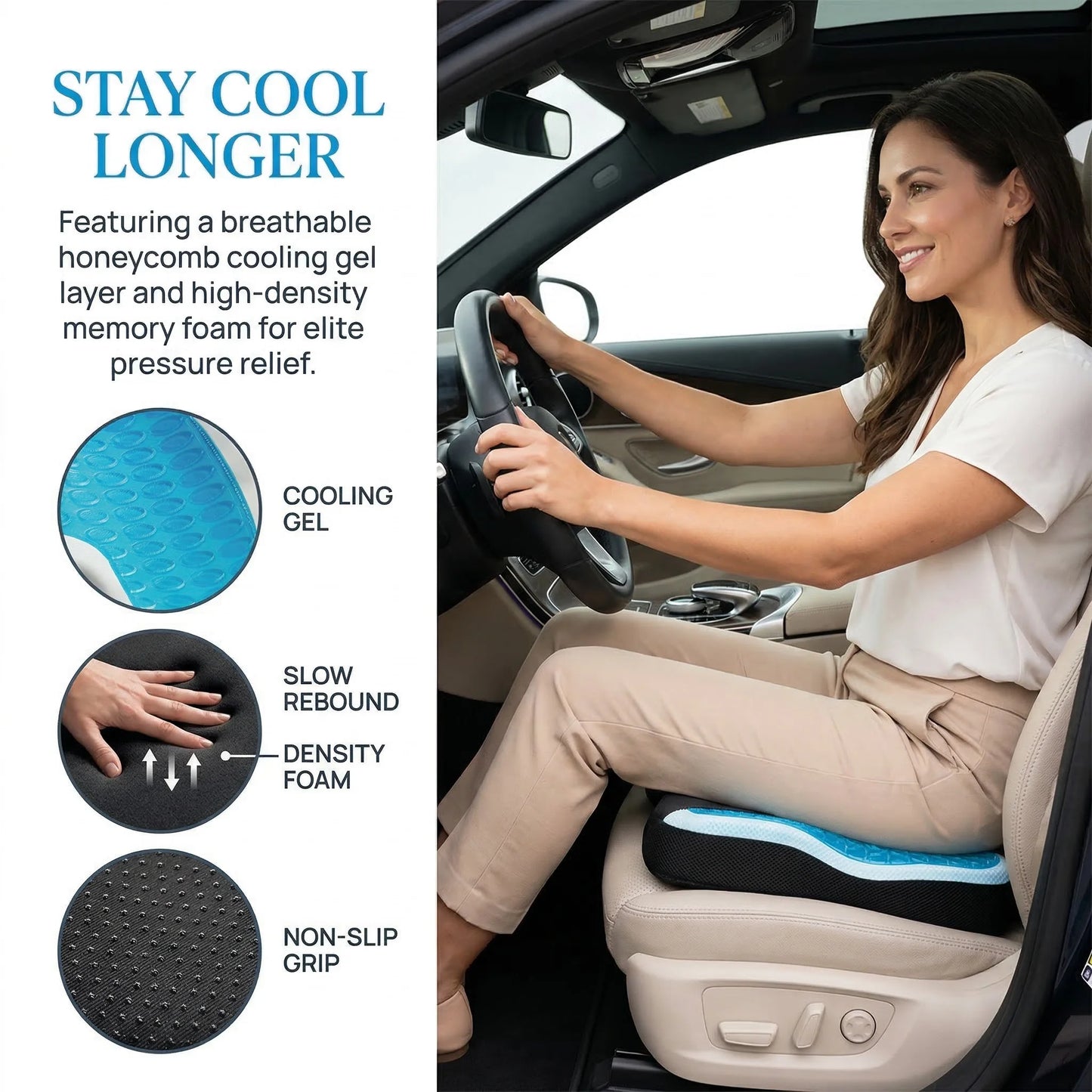Cooling Gel Memory Foam Seat Cushion | Coccyx Cutout Office Chair Pillow with Non-Slip Base & Breathable Cover