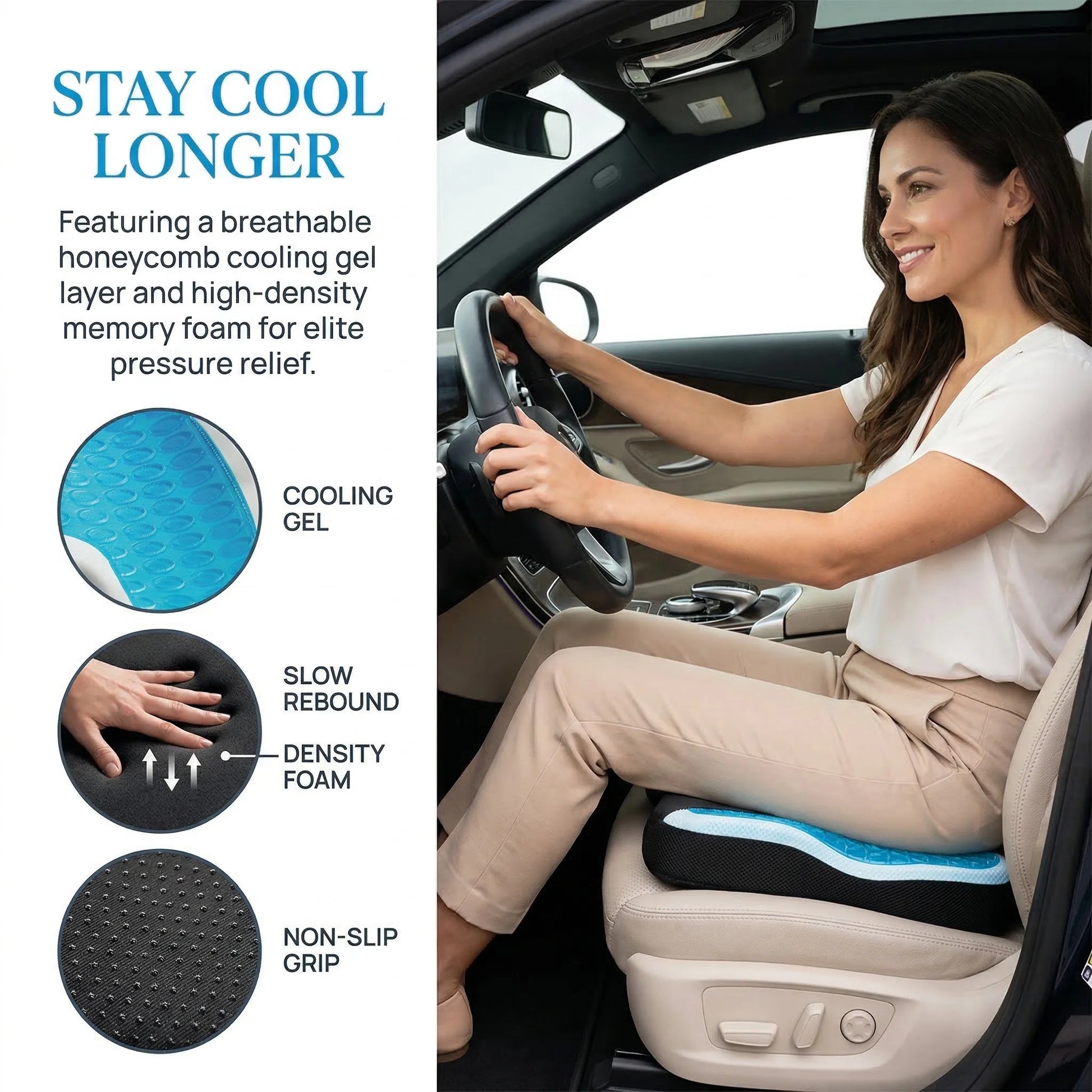 Cooling Gel Memory Foam Seat Cushion | Coccyx Cutout Office Chair Pillow with Non-Slip Base & Breathable Cover
