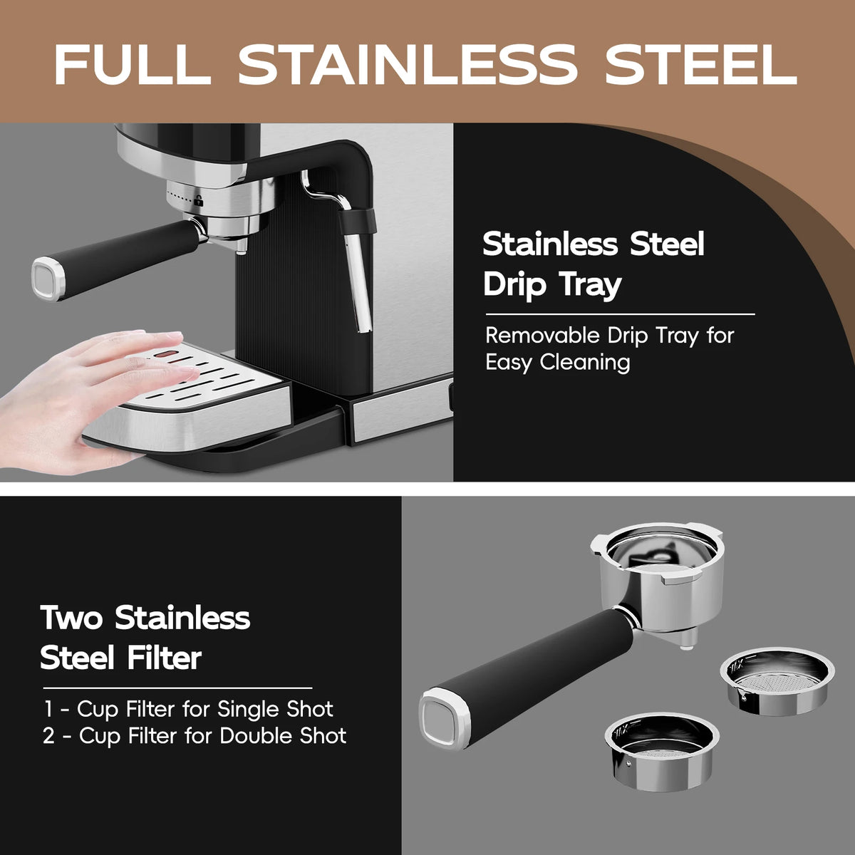 Touchscreen Espresso Machine with Steam Wand and Single/Double-Shot Filters