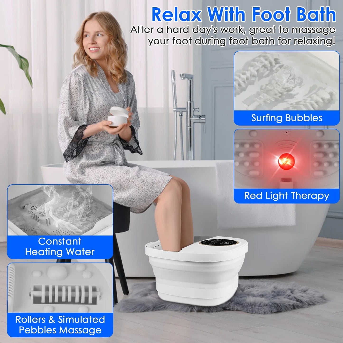 Collapsible Heated Foot Spa Bath Massager with Bubbles, 6 Rollers & Remote | 11L Basin, 95–118°F Control & Space-Saving Design