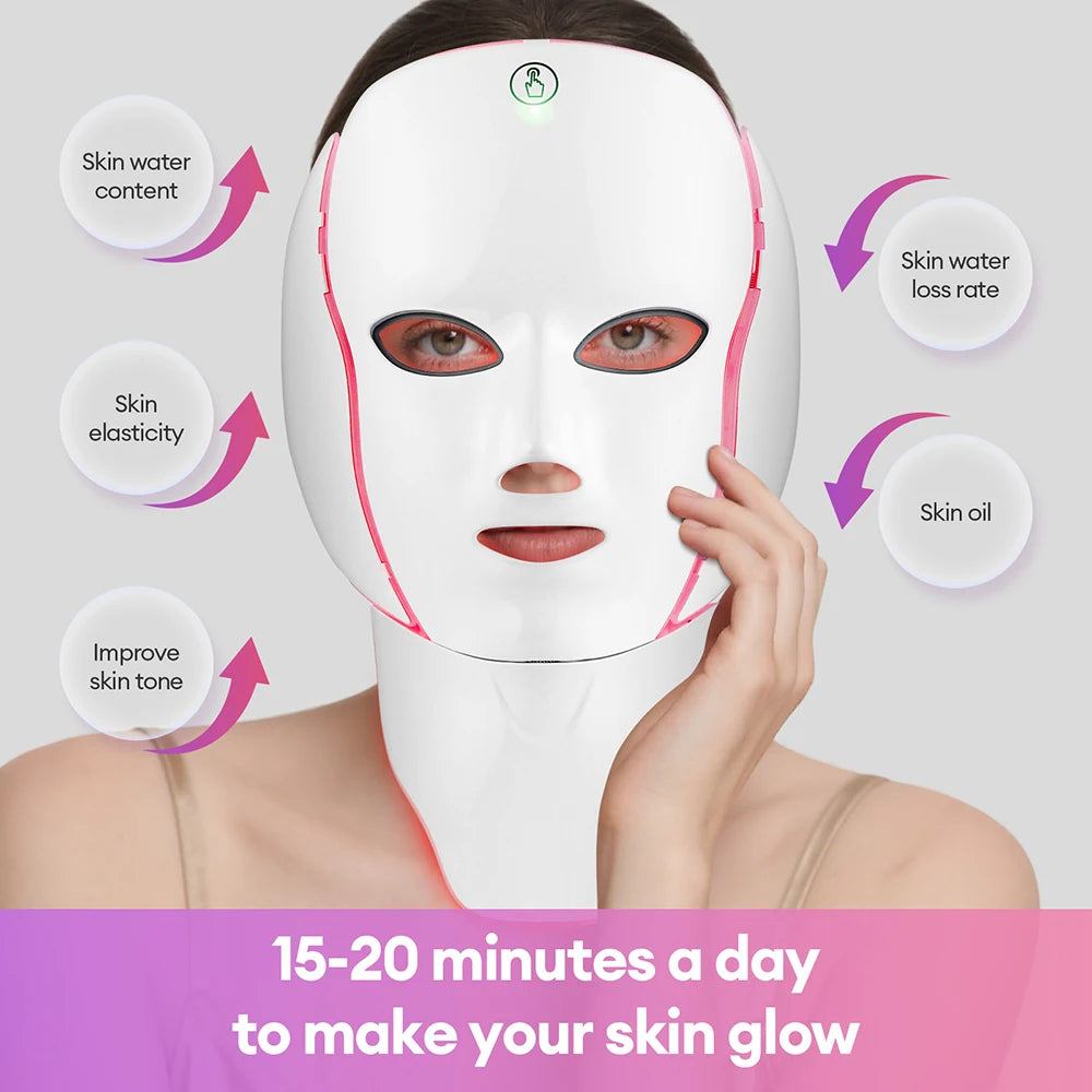 LED Face Mask with Neck Light Therapy | 7-Color Red Light Therapy Mask for Skin Firming, Wrinkles, Pores & Acne Care