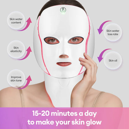 LED Face Mask with Neck Light Therapy | 7-Color Red Light Therapy Mask for Skin Firming, Wrinkles, Pores & Acne Care
