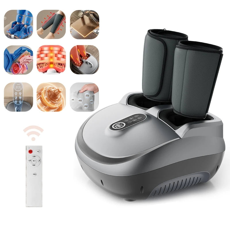 Shiatsu Foot and Calf Massager with Heat and Air Compression | 5 Modes, Adjustable Intensity, LCD Control & Washable Cover Grey