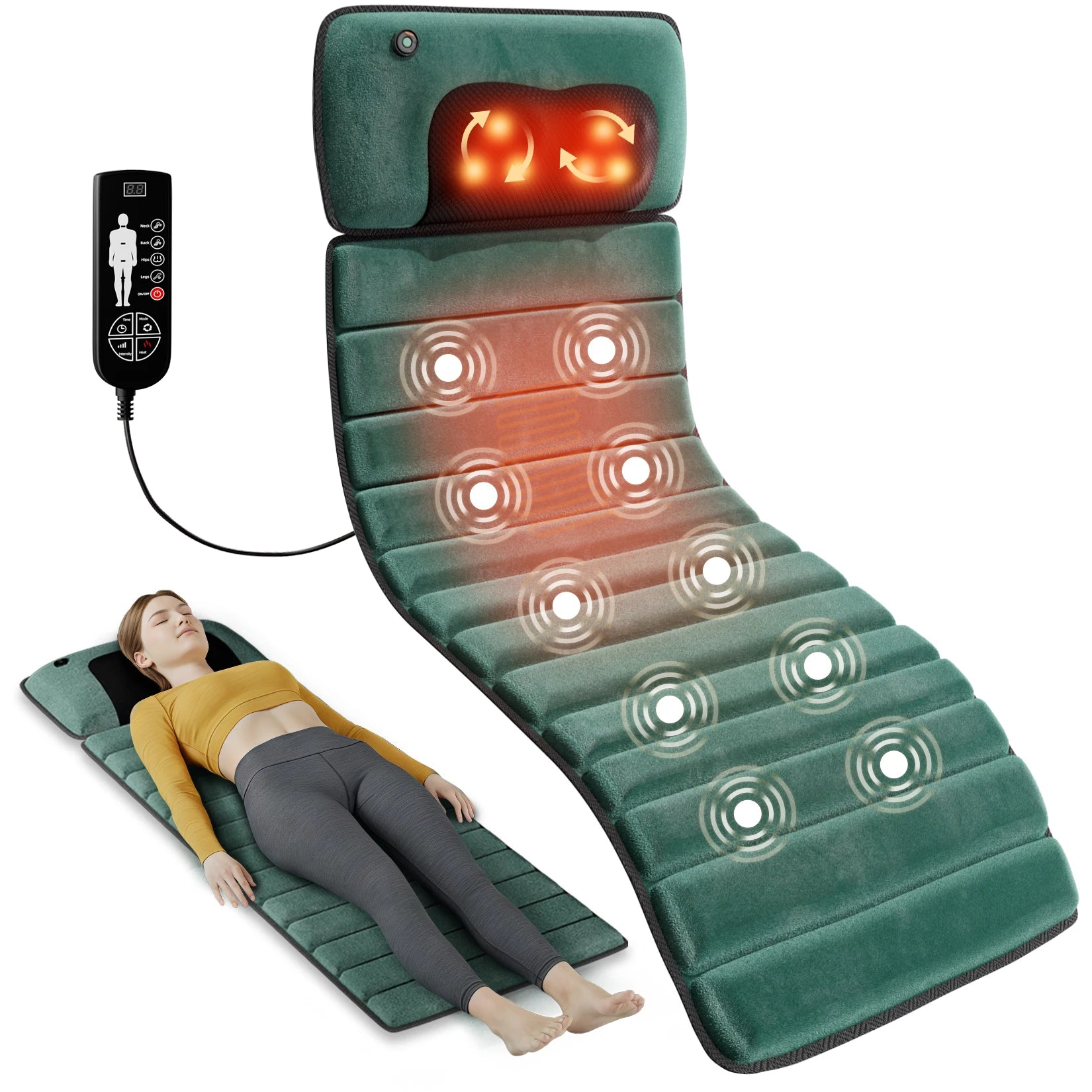 Full Body Massage Mat with Heat | 10 Vibration Motors, 9 Modes, Detachable Neck Pillow & Optional Foot Massager Mat
