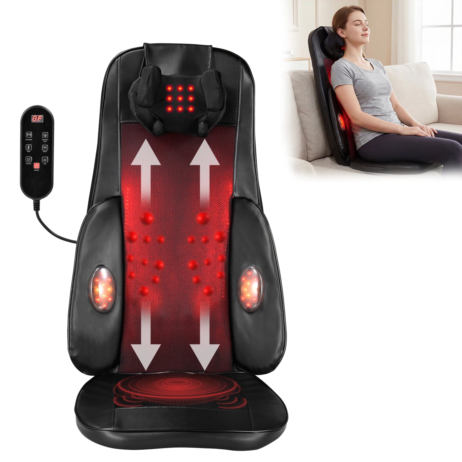 Back Massager Seat Cushion with Heat | Full Back Vibration Chair Massager for Neck, Waist, Hips & Office Chair