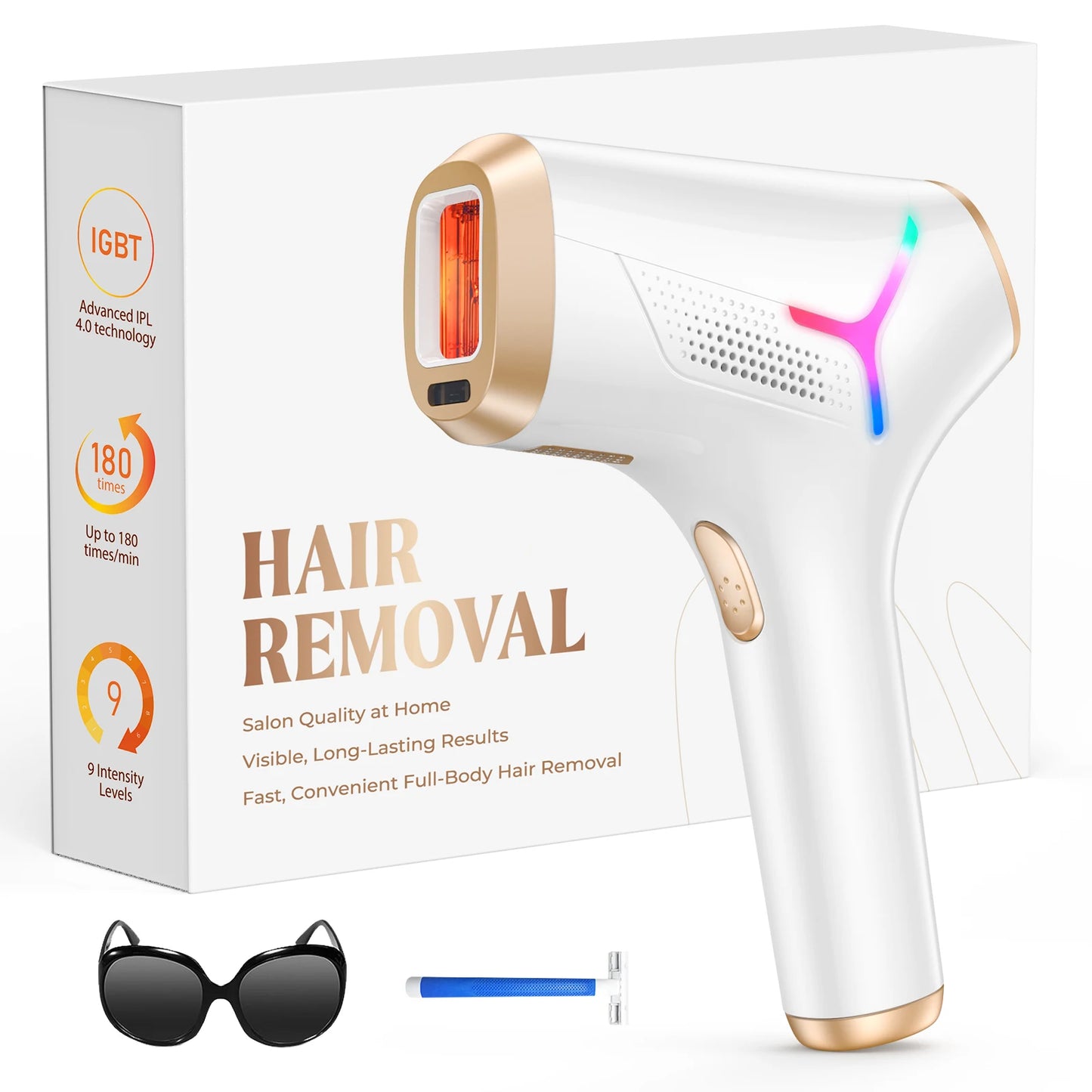 IPL Hair Removal Device | 999,999 Flashes, 9 Energy Levels, Auto & Manual Modes for At-Home Hair Removal