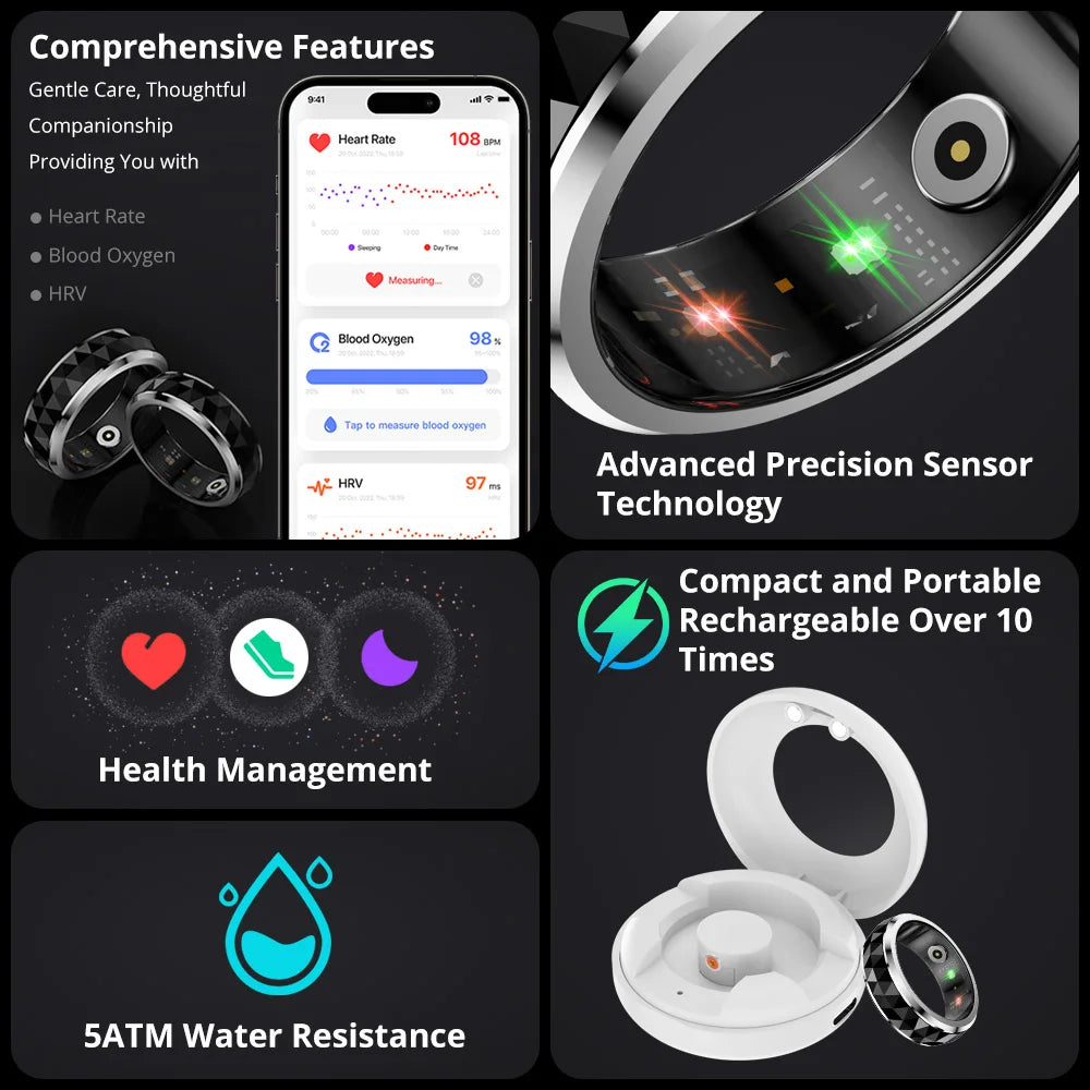 Smart Fitness Ring with Rotating Spinner | Heart Rate, Sleep and Activity Tracking, 60-Day Battery, App Sync & Charging Case