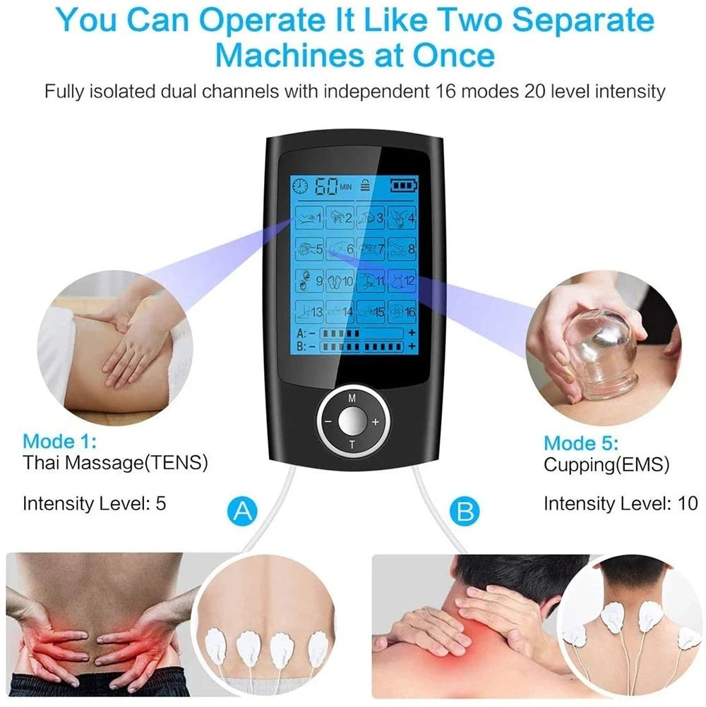 Portable TENS & EMS Pain Relief Massager | Dual Channel Muscle Stimulator with 16 Modes, 10 Intensity Levels, Rechargeable for Back & Neck Pain