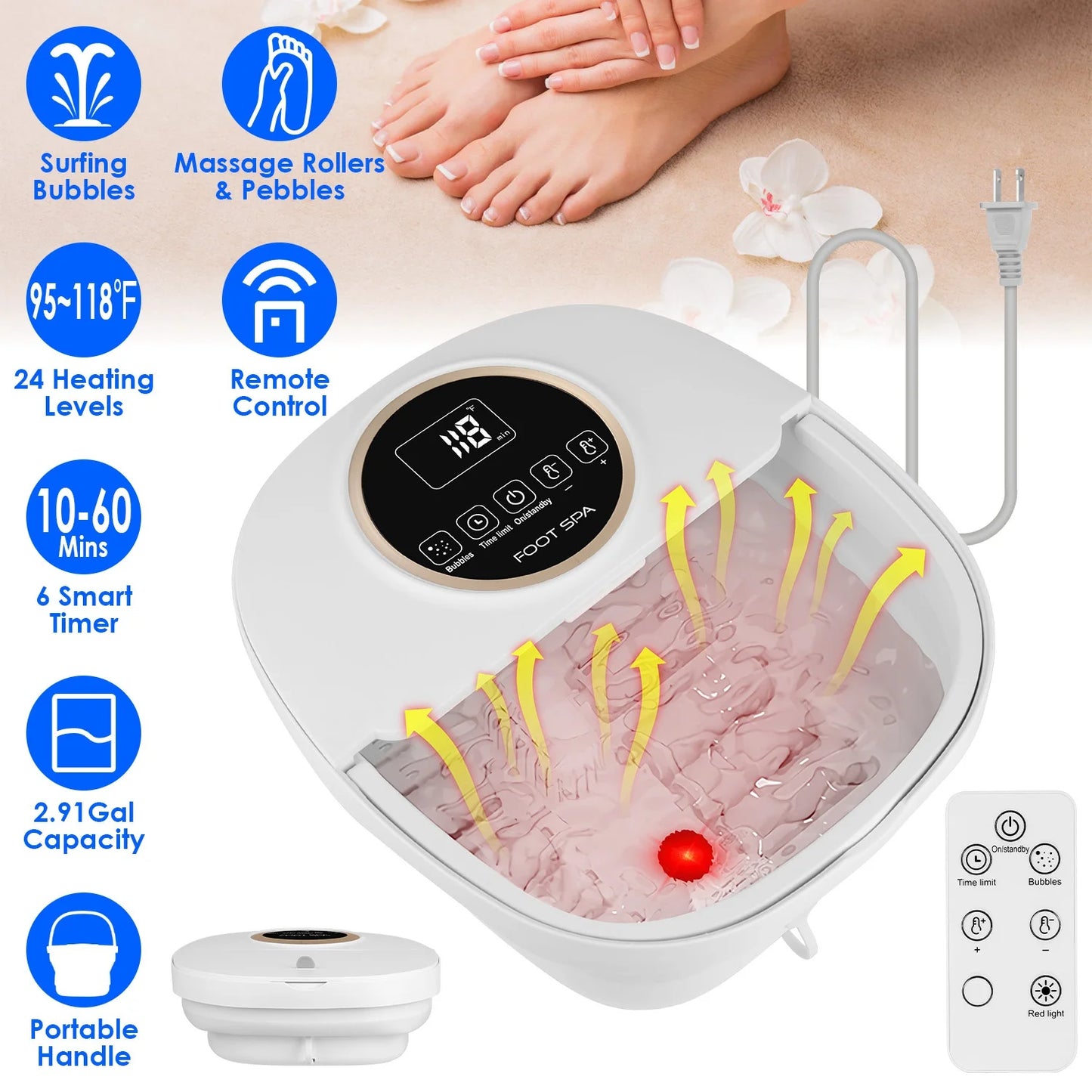 Collapsible Heated Foot Spa Bath Massager with Bubbles, 6 Rollers & Remote | 11L Basin, 95–118°F Control & Space-Saving Design