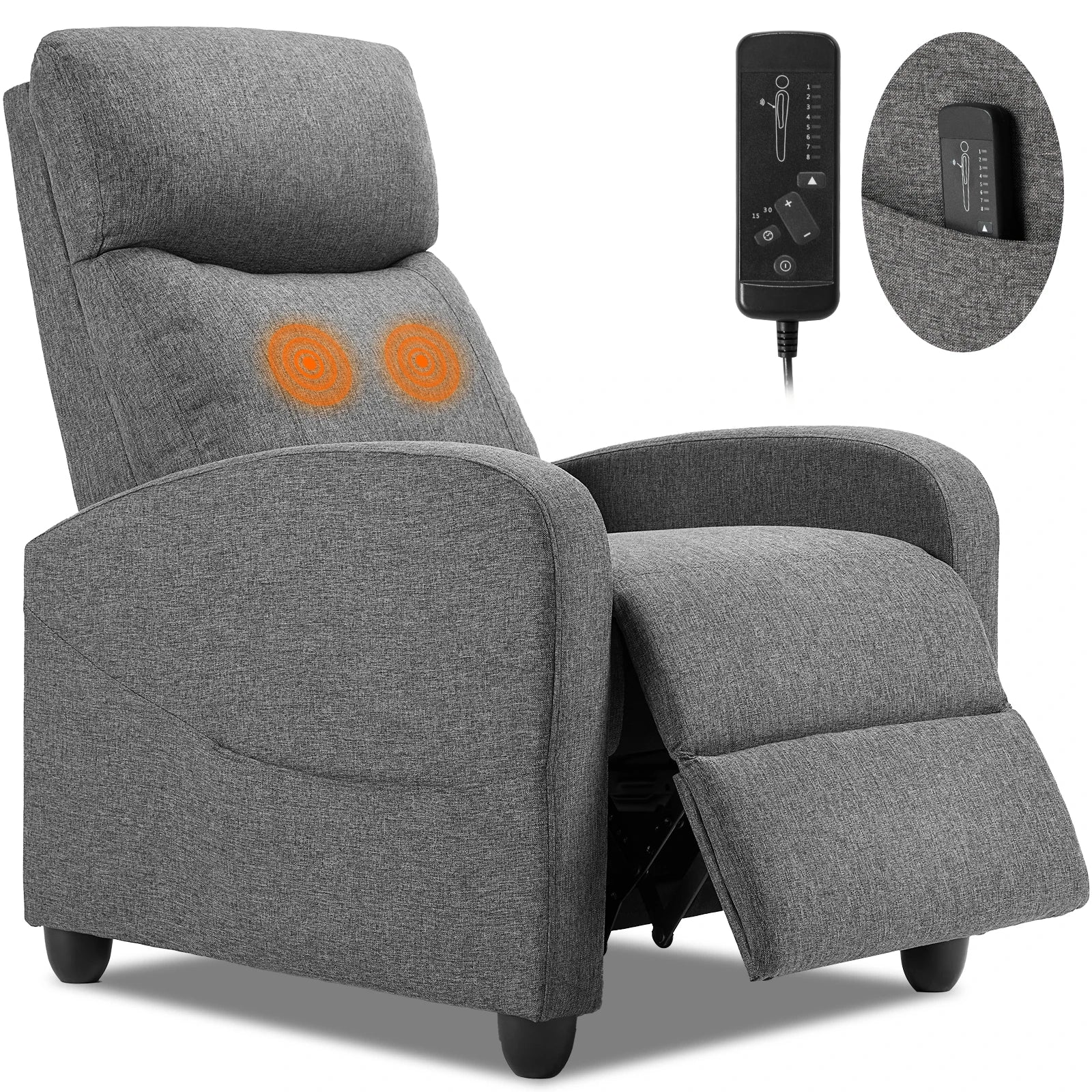 Massage Recliner Chair with 2-Point Lumbar Massage | 8 Modes, 3 Intensities, 90°–160° Recline, Footrest & 275 lb Capacity Gray