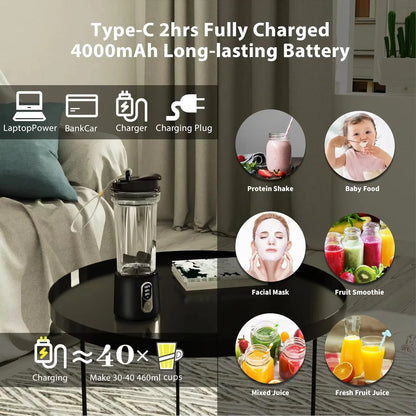 Portable Blender 180W | USB Rechargeable Smoothie Maker | 4000mAh Battery, 18,000 RPM, Travel Cup