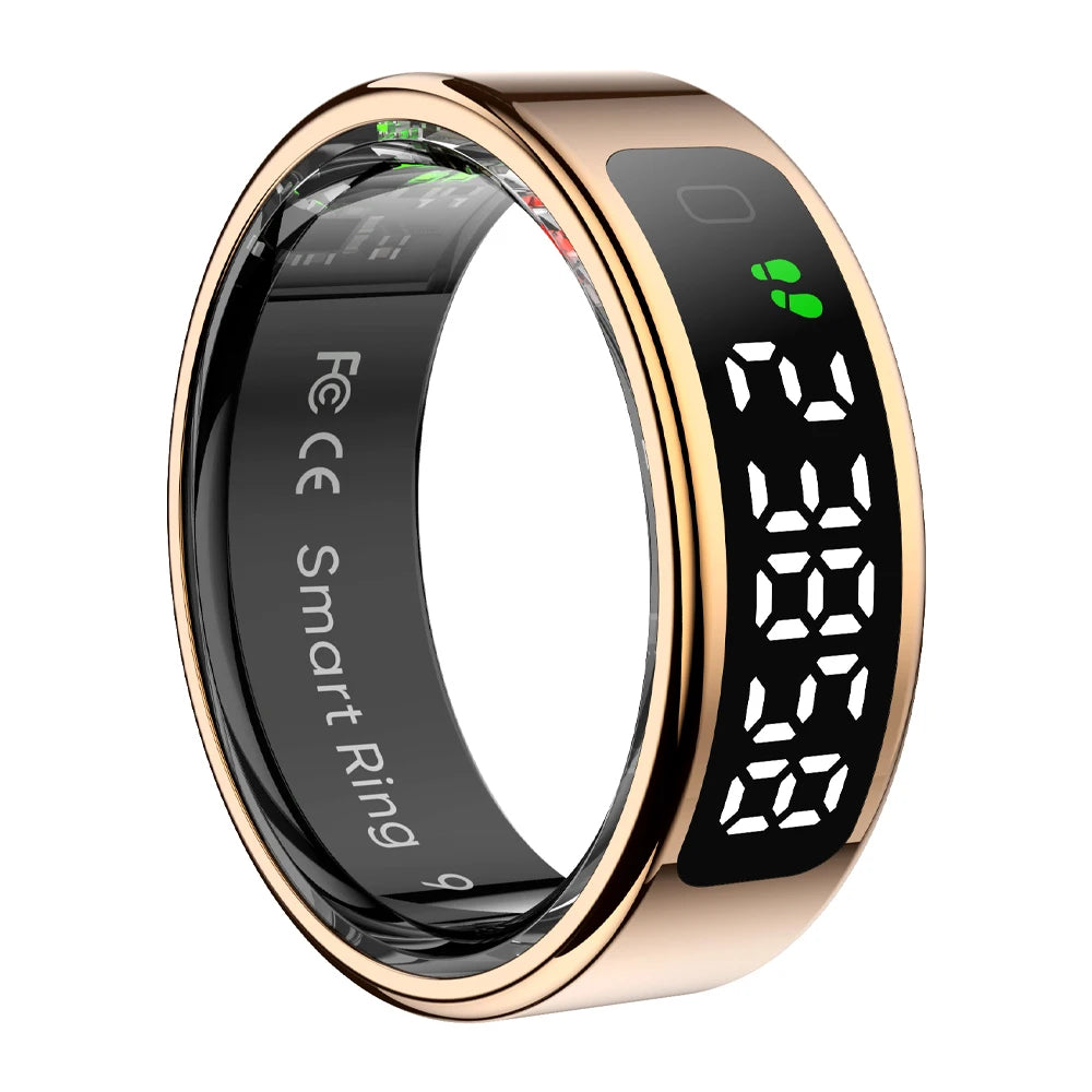 Smart Fitness Ring with OLED Display | Heart Rate, SpO₂, Sleep, Stress & Activity Tracking, 5ATM Waterproof and Wireless Charging Gold