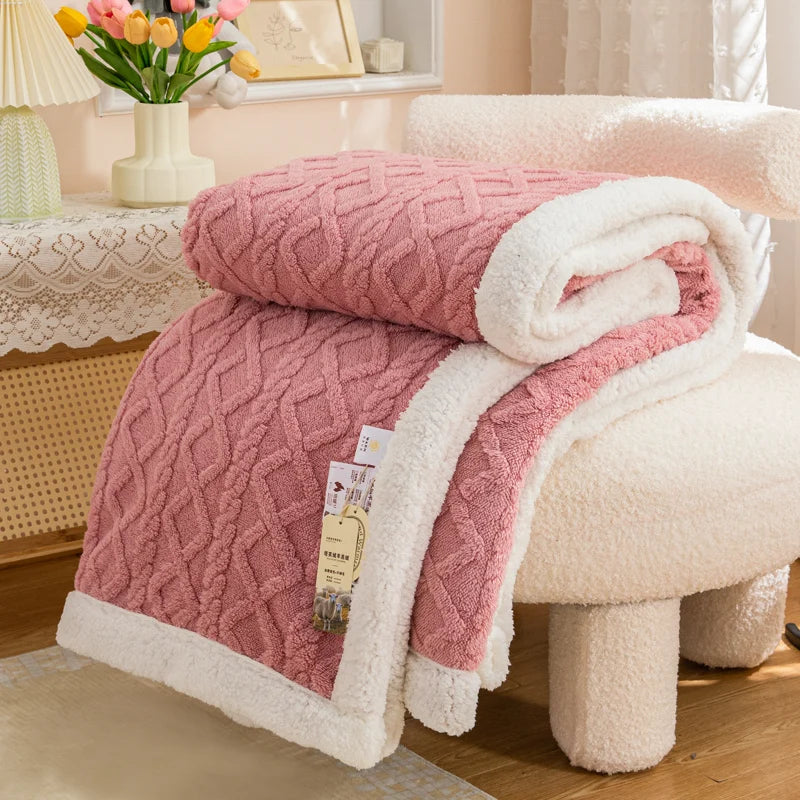 Textured Fleece Blanket with Sherpa-Style Backing Pale Mauve