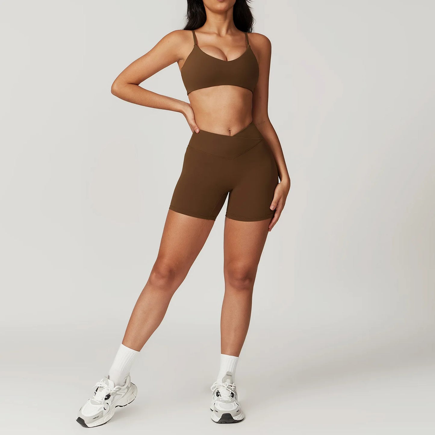 Yoga Set for Women | 2-Piece Short Sleeve Crop Top and High Waisted Leggings Workout Outfit with Quick-Dry Stretch Fabric Light Coffee Set-3