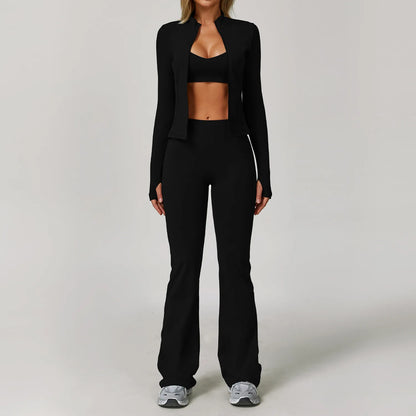 Seamless Yoga Set for Women | Long Sleeve Sports Bra and Leggings Workout Set with Breathable Stretch Fabric Black 3PCS-1
