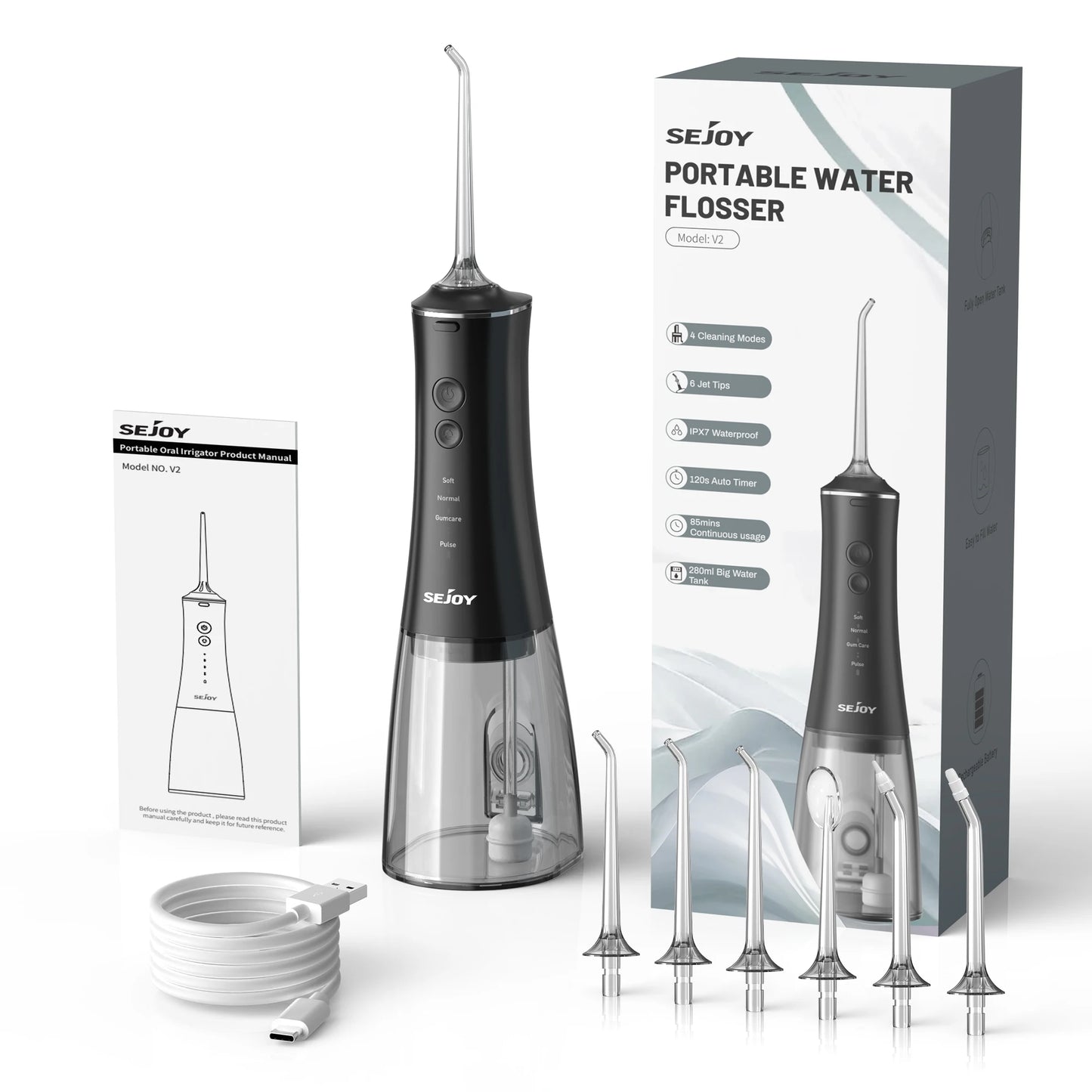 Cordless Water Flosser | 280ml Portable Oral Irrigator | 4 Modes, 6 Tips, USB Rechargeable | 30-Day Battery & IPX7 Waterproof for Deep Dental Cleaning Black