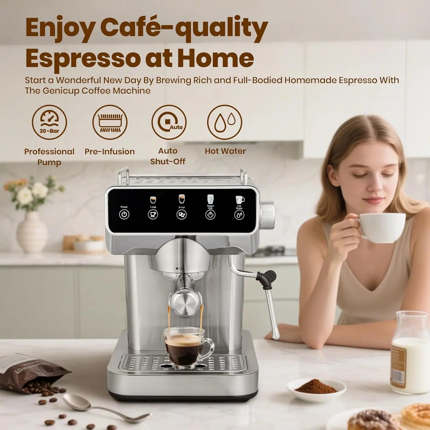 20-Bar Touch Screen Espresso Machine | Fast 13s Heat-Up, Milk Frother, Hot Water & Stainless Steel Design